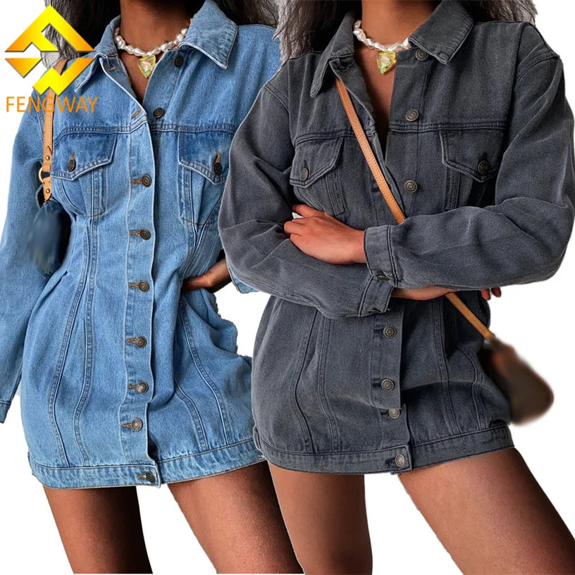 Winter Vintage Washed Denim Dress Fashion Slim Fit Button Dress Turndown Collar Denim Jacket Dress