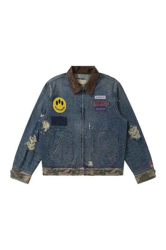 BURNIN* "Burnin for people" camouflage splicing damaged patch denim jacket