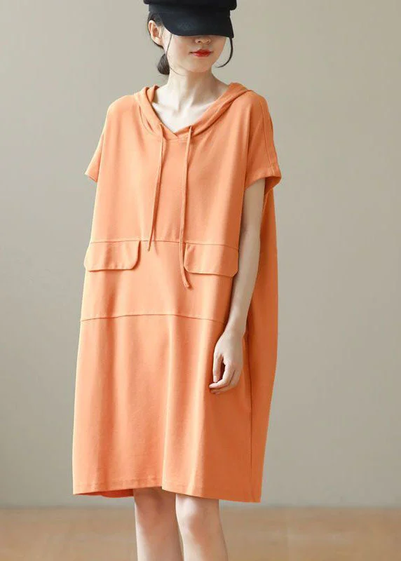 Casual Orange Hooded Patchwork Cotton Pullover Streetwear Dress Summer