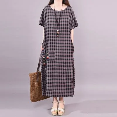 Elegant cotton Long Shirts Metropolitan Museum Summer Loose Vintage Plaid Pullover Dress