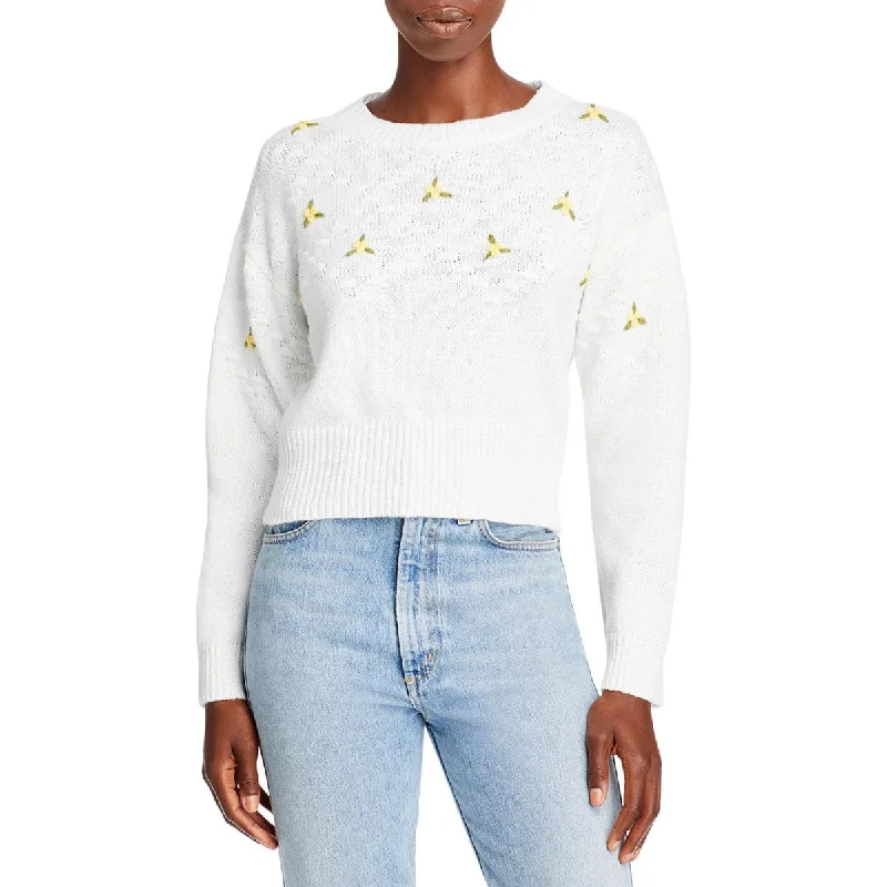 Lucy Paris Womens Embroidered Ribbed Trim Pullover Sweater