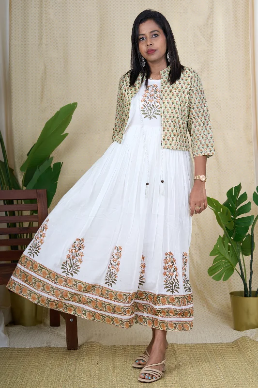 Elegant White Cotton Maxi Dress with Hand Block Print and Jacket