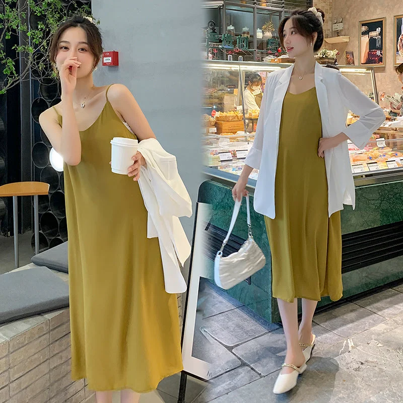 NiDELL . Maternity Spring Clothes Dress Niche Design Suit Jacket Suspender Long Skirt Two-Piece Set