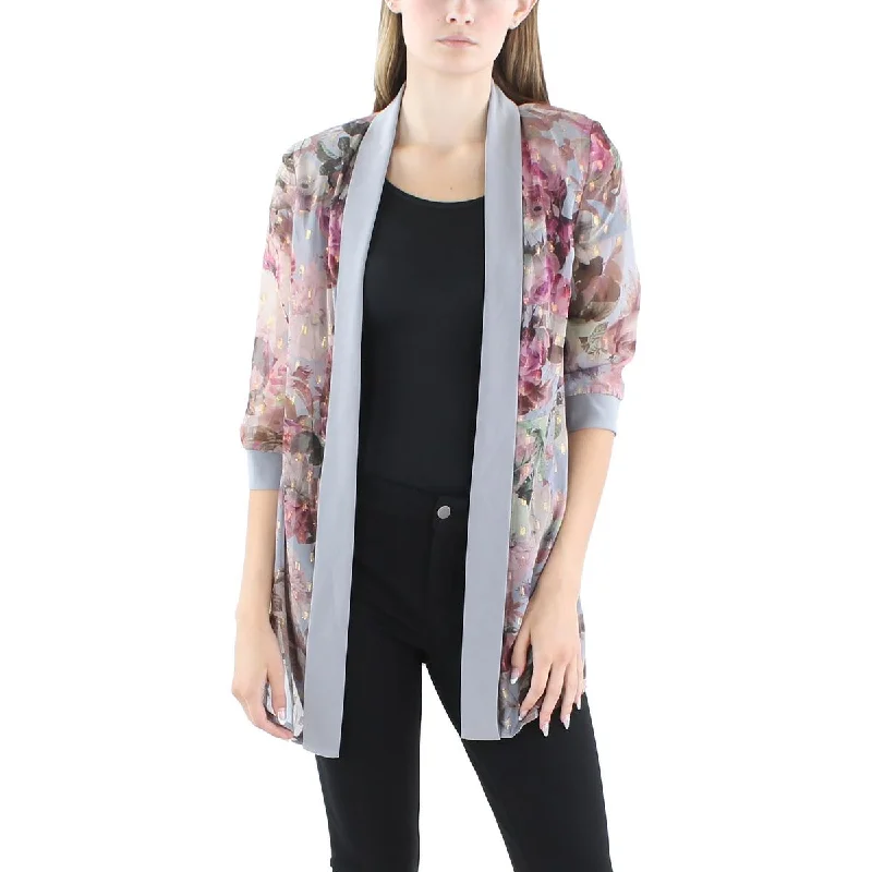 R&M Richards Womens Petites Floral Print Chiffon Duster Blazer