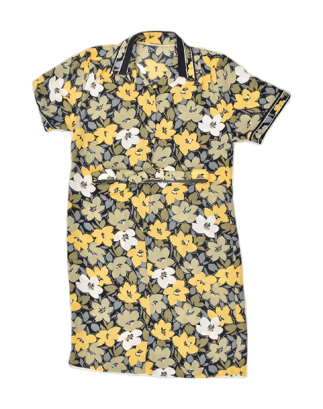 VINTAGE Womens Pullover Shirt Dress UK 14 Large Yellow Floral Polyester