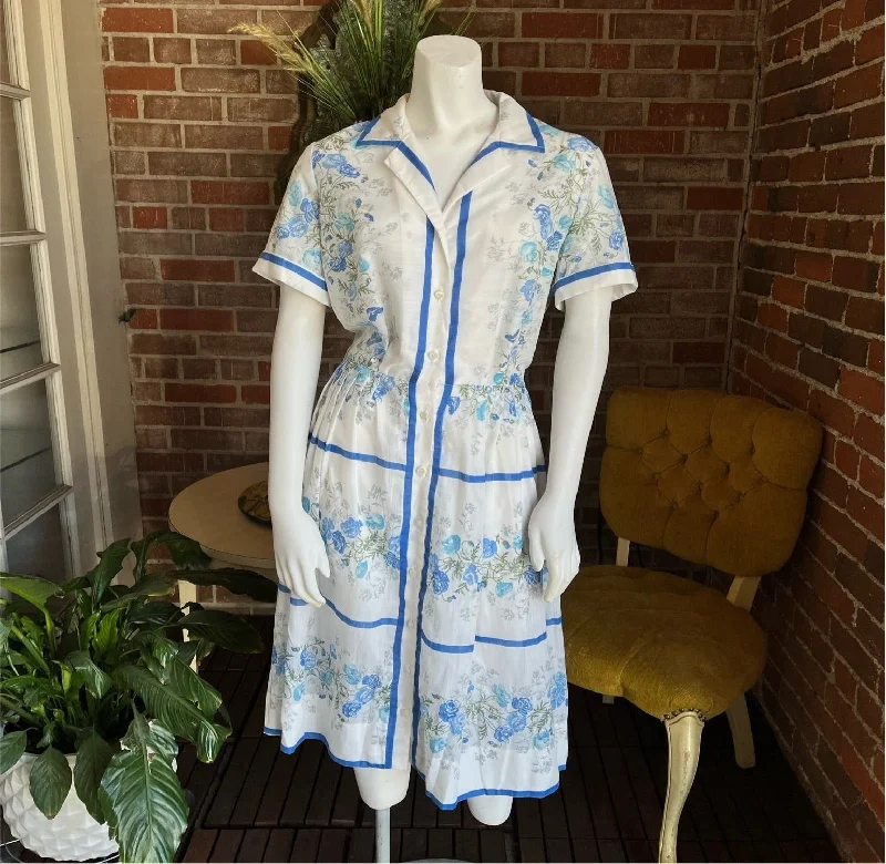 1950s Sheer Blue Roses Dress