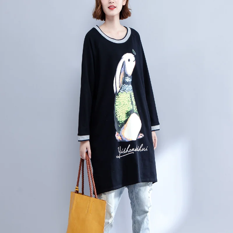 2024 new black cotton dresses baggy fit o neck casual dresses animal prints