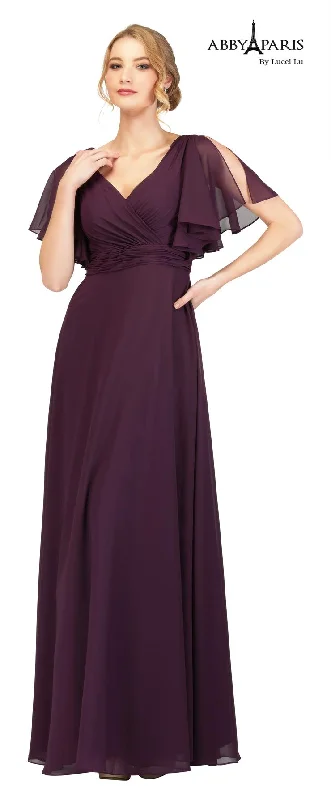 Abby Paris 96059 A-Line Sheer Chiffon V-Neck Drape Sleeves Plus Size MOB Formal Gown