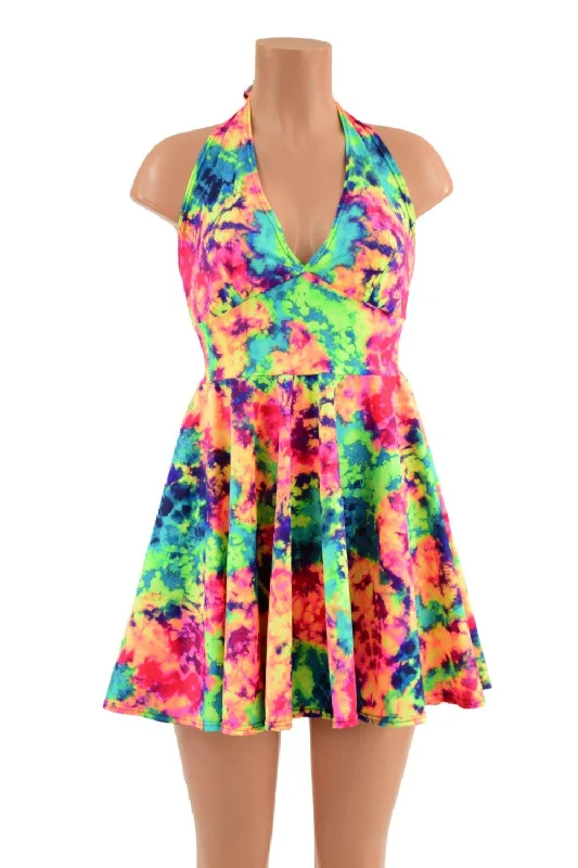 Acid Splash UV Glow Halter Skater Dress