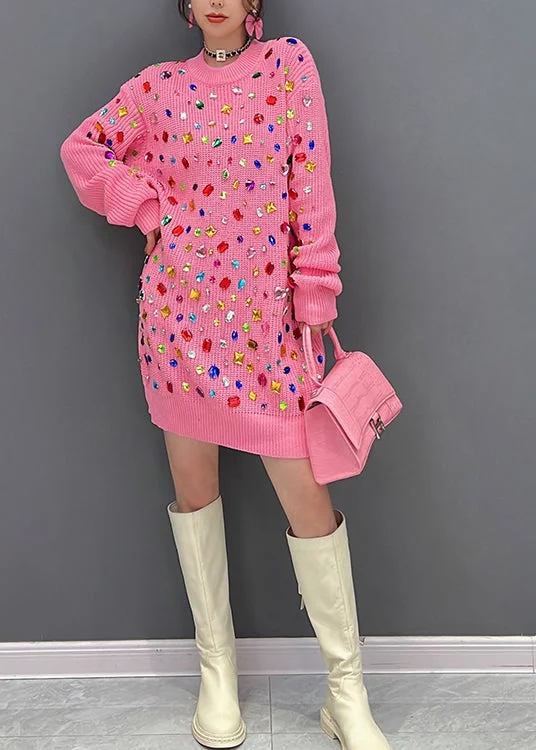 Art Pink O-Neck Bright Diamond Knit Mid Dress Winter