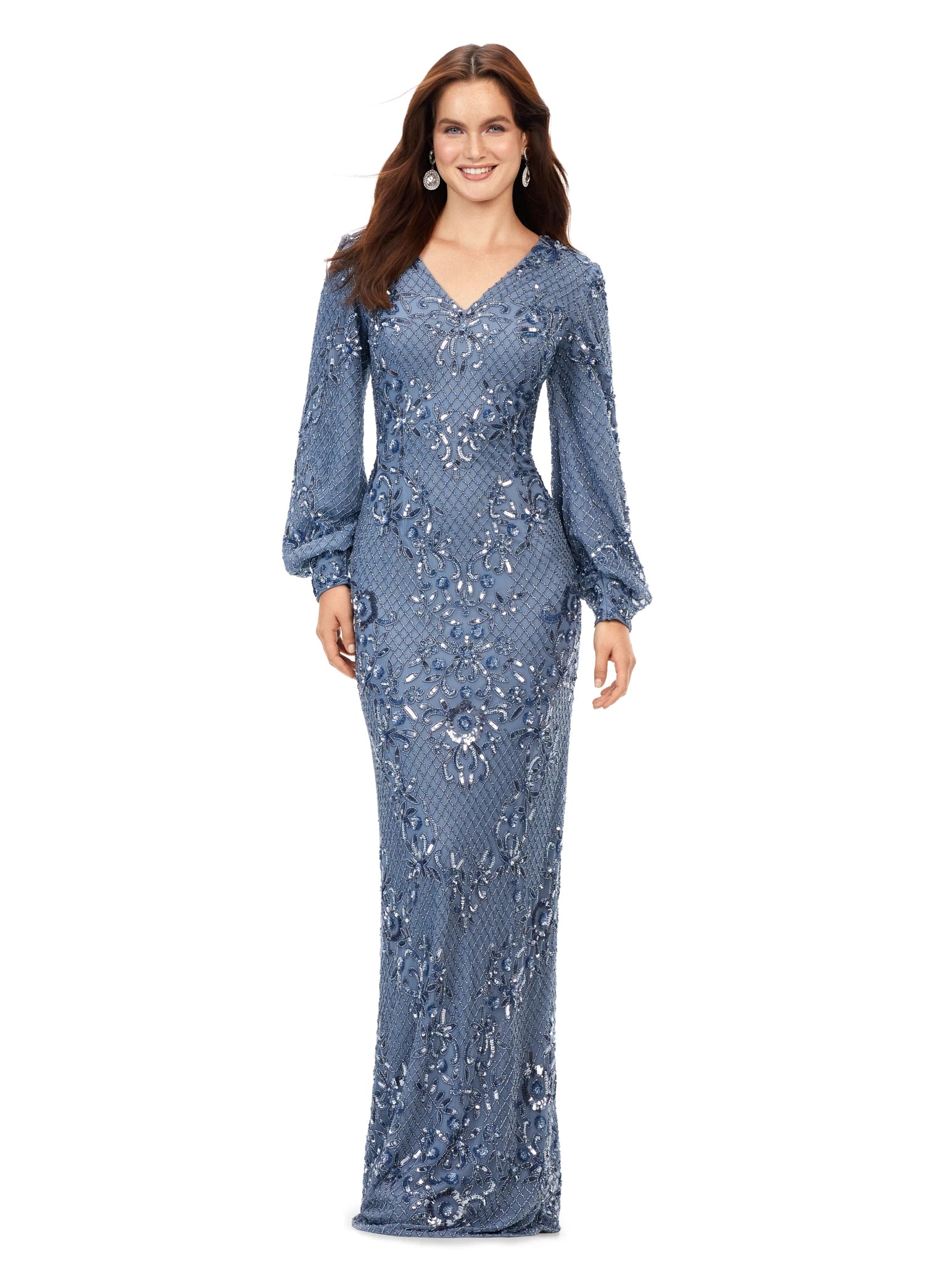 Ashley Lauren 11193 Long Evening Gown Beaded V-Neck Dress With Bishop Sleeves Fully Sequin Formal Dress