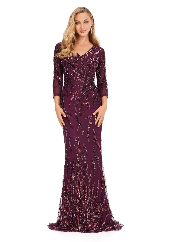 Ashley Lauren 11205 Long Evening Gown Mother of the Bride Dress Three Quarter Sleeve V-Neck High Back Fit And Flare Fully Beaded Formal Gown