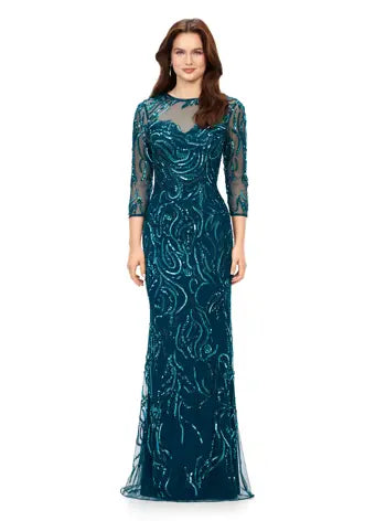Ashley Lauren 11208 Long Prom Three Quarter Sleeve Beaded Crew Neckline High Illusion Back Fully Hand Beaded Evening Gown