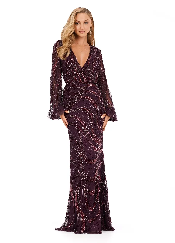 Ashley Lauren 11210 Long Prom V-Neck Ballgown Sleeves High Back Fully Hand Beaded Even Gown