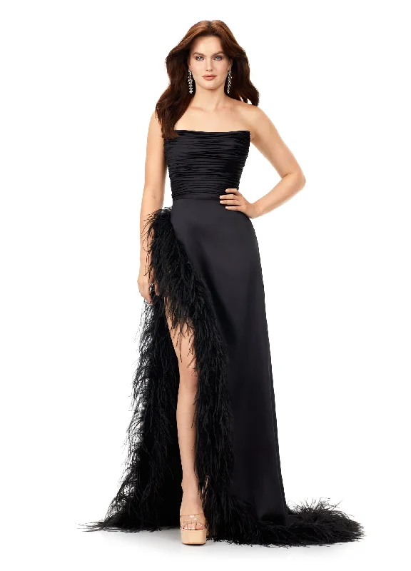 Ashley Lauren 11313 Strapless Ruched Satin Gown with Feathers