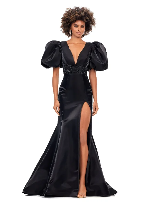 Ashley Lauren 11379 Fitted V-Neckline Gown with Oversized Puff Sleeves Long Prom Dress Formal Pageant
