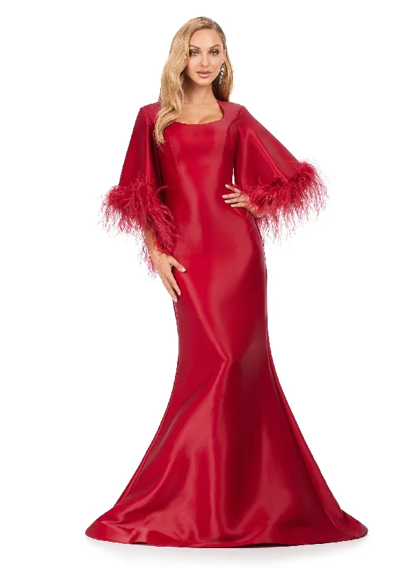 Ashley Lauren 11381 Fit And Flare Dress With Feather Sleeves Scoop Neckline Phantom Satin Formal Dress Prom