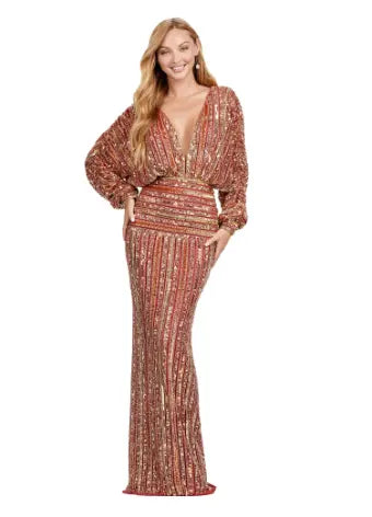 Ashley Lauren 11490 Long Prom Dress V-Neck Sequin Evening Gown Dolman Sleeves Formal Pageant