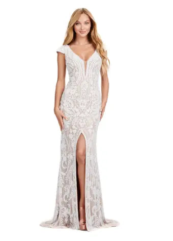 Ashley Lauren 11497 Long Prom Dress Fully Beaded V-Neck Evening Gown with Cap Sleeves and Center Slit Formal Pageant