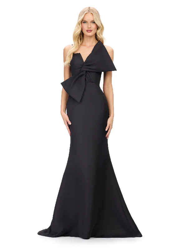 Ashley Lauren 11702 Large Bow Evening Gown Spaghetti Straps Bow Bodice Fit and Flare Dress V neckline