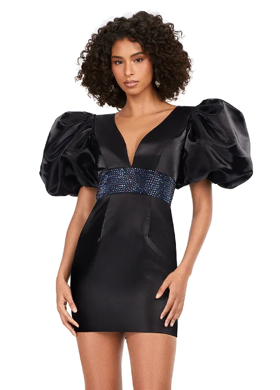 Ashley Lauren 4549 Satin Cocktail Dress Short Puff Sleeve Fitted Backless Corset Dress Homecoming