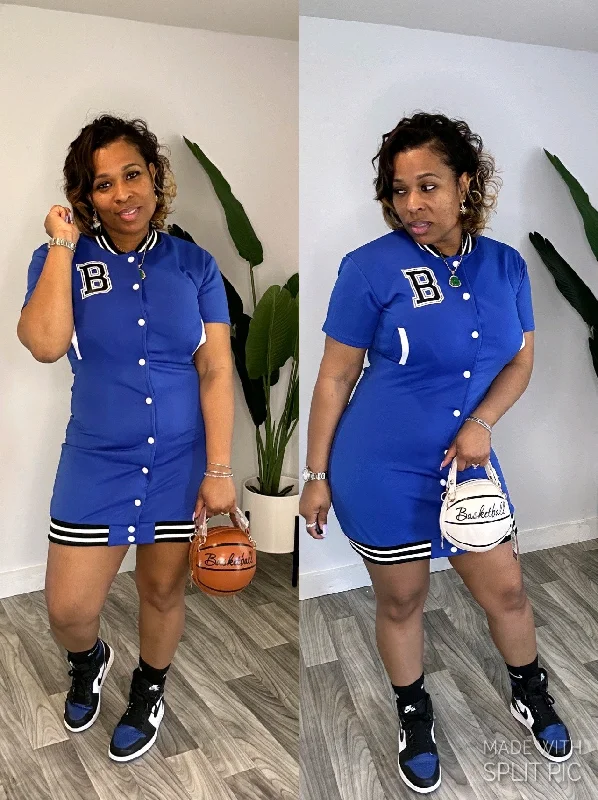 Letter Patch Baseball Collar Dress (Royal)