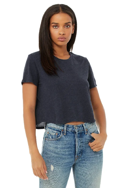 Bella + Canvas Womens Flowy Cropped Short Sleeve Crewneck T-Shirt - Heather Navy Blue Machine Wash Dry Clean Hand Wash Bella + Canvas Womens Flowy Cropped Short Sleeve Crewneck T-Shirt - Heather Navy Blue Machine Wash Dry Clean Hand Wash
