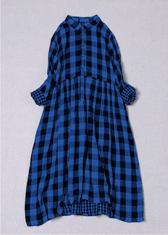 Bohemian Blue White Plaid PeterPan Collar Pockets Button Fall Patchwork Dresses