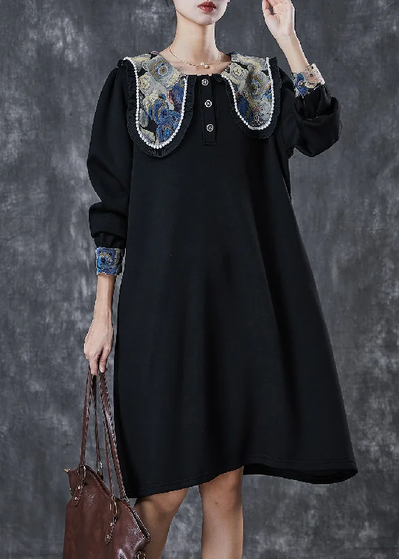 Boutique Black Square Collar Cotton Holiday Dress Spring