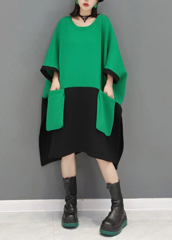 Casual Green O Neck Pockets Patchwork Cotton Mid Dresses Fall