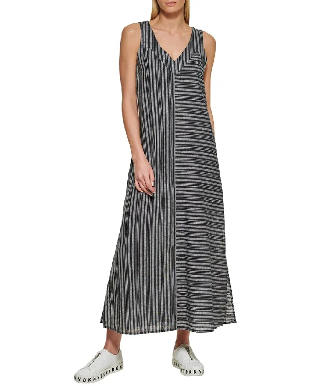DKNY Striped Double V-Neck Linen Dress