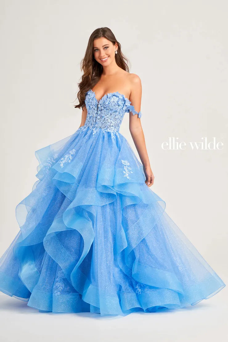 Ellie Wilde EW35084 Long Ruffle Shimmer Sequin Lace Ballgown Prom Dress Formal Sheer Gown