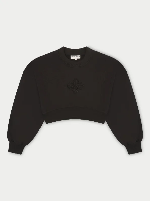 EMBLEM APPLIQUE CROP SWEATSHIRT - BLACK