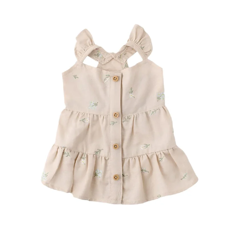 flower embroidery tiered dress - beige