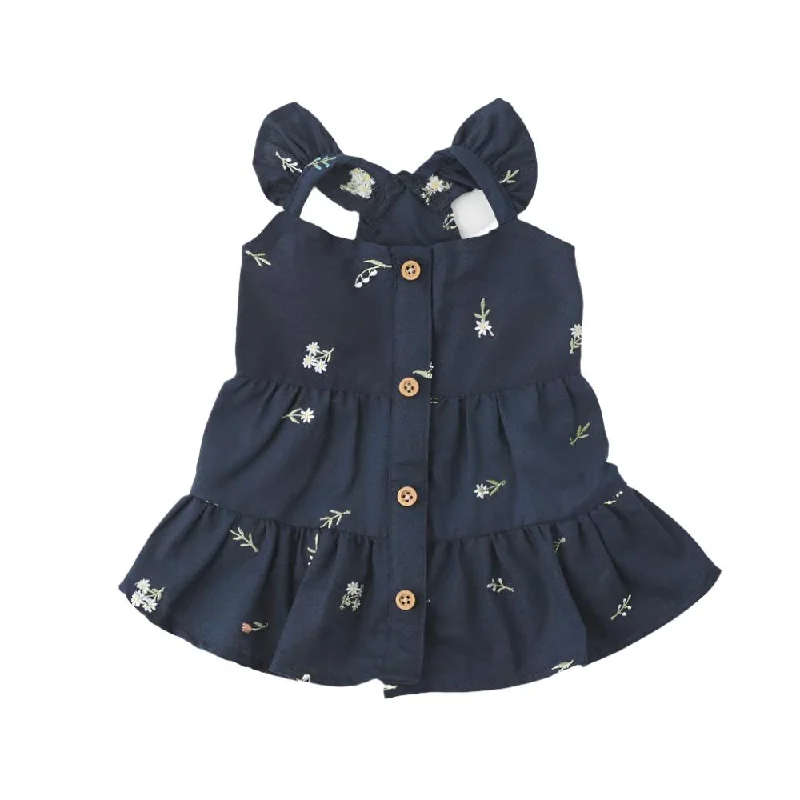 flower embroidery tiered dress - navy
