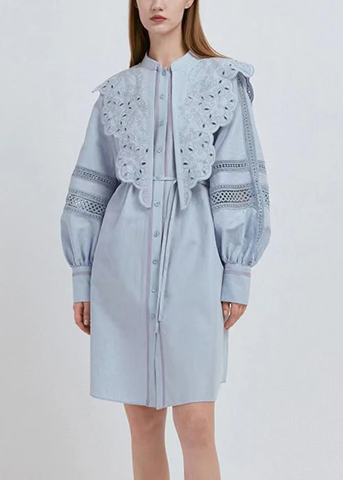 French Blue Hollow Out Lace Up Patchwork Cotton Blouses Mid Dress Fall