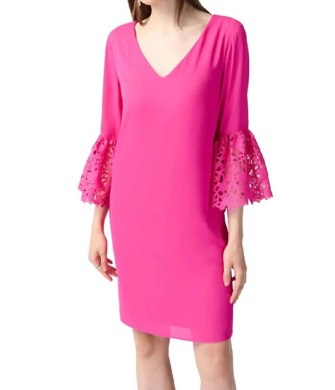 Georgette And Guipure Trapeze Dress In Ultra Pink