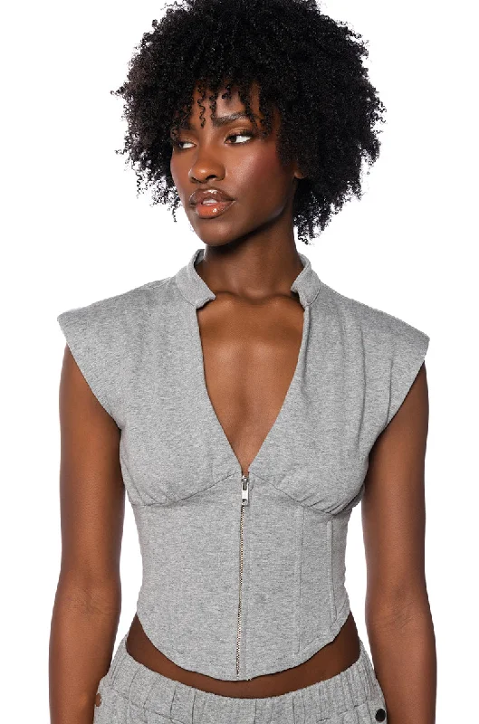 LONDYN SLEEVELESS ZIP UP CORSET SWEATSHIRT IN GREY