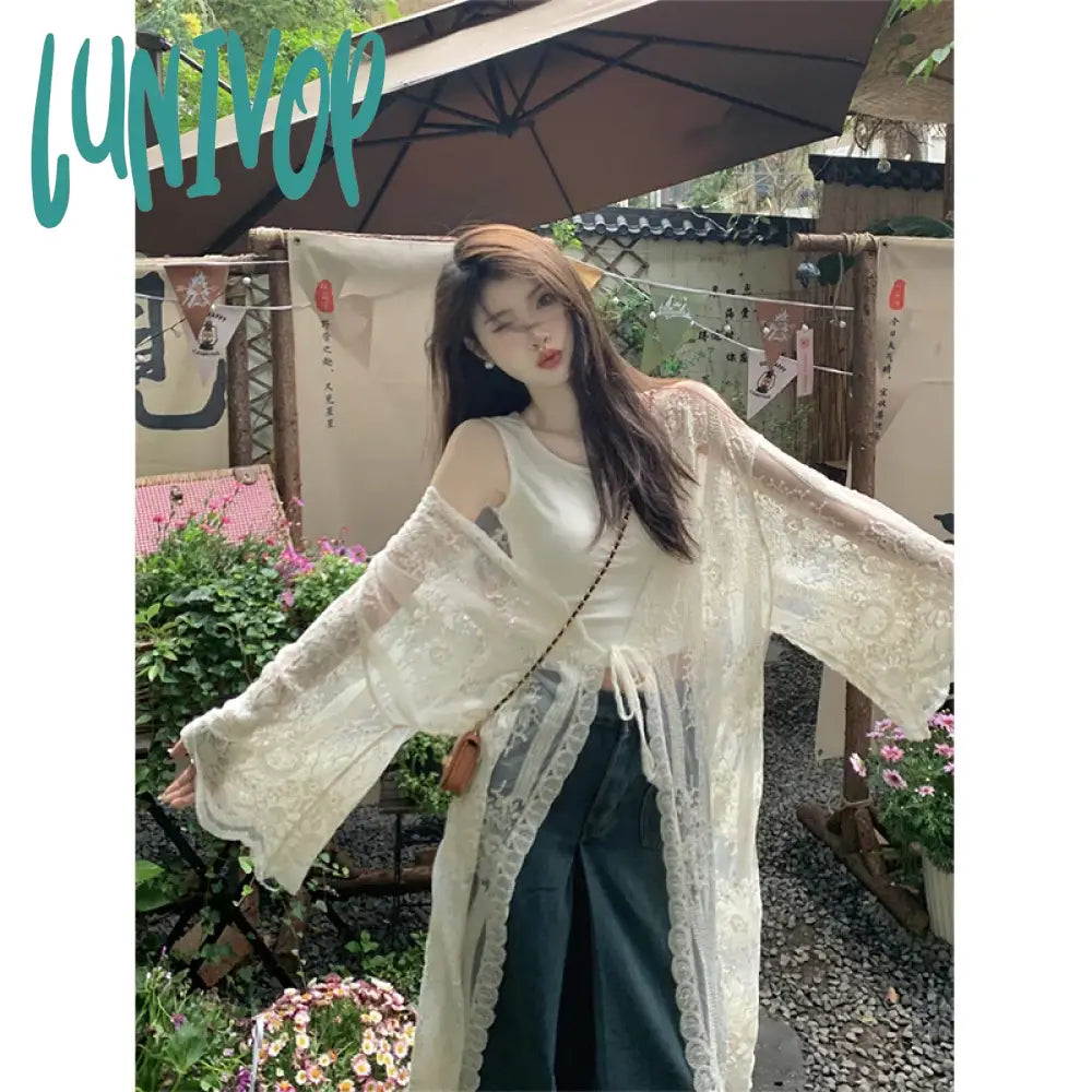 Lunivop Lace Embroidery Midi Shirts Women Vintage Long Sleeve Bandage Blouses Summer Vacation Beach Korean Sunscreen Cardigan Tops