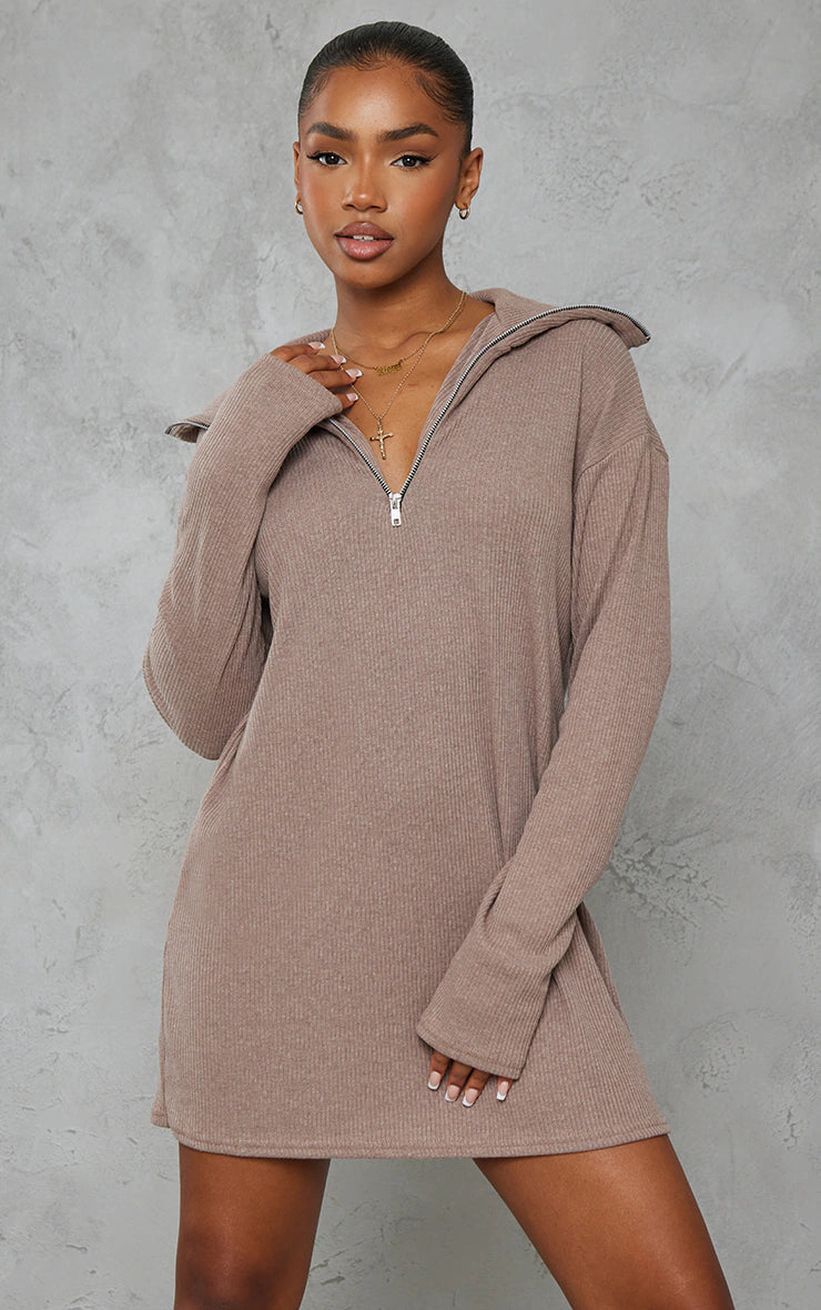 Mocha Rib High Neck Half Zip Oversized Jumper Dress