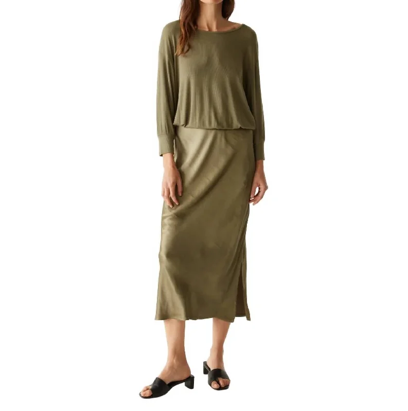 Nadia Mixed Fabric Satin Dress In Olive