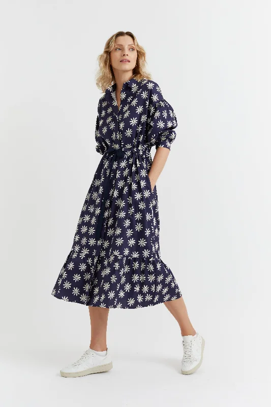Navy Cotton Ditsy Daisy Tea Dress