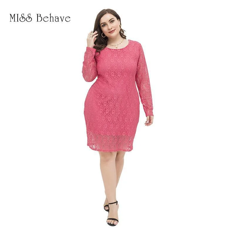 NiDELL Foreign Trade Cross-Border European and American plus Size Women's Clothes Long-Sleeved Lace Solid Color Slim-Fit Sheath Foreign Trade Dress Fx200005