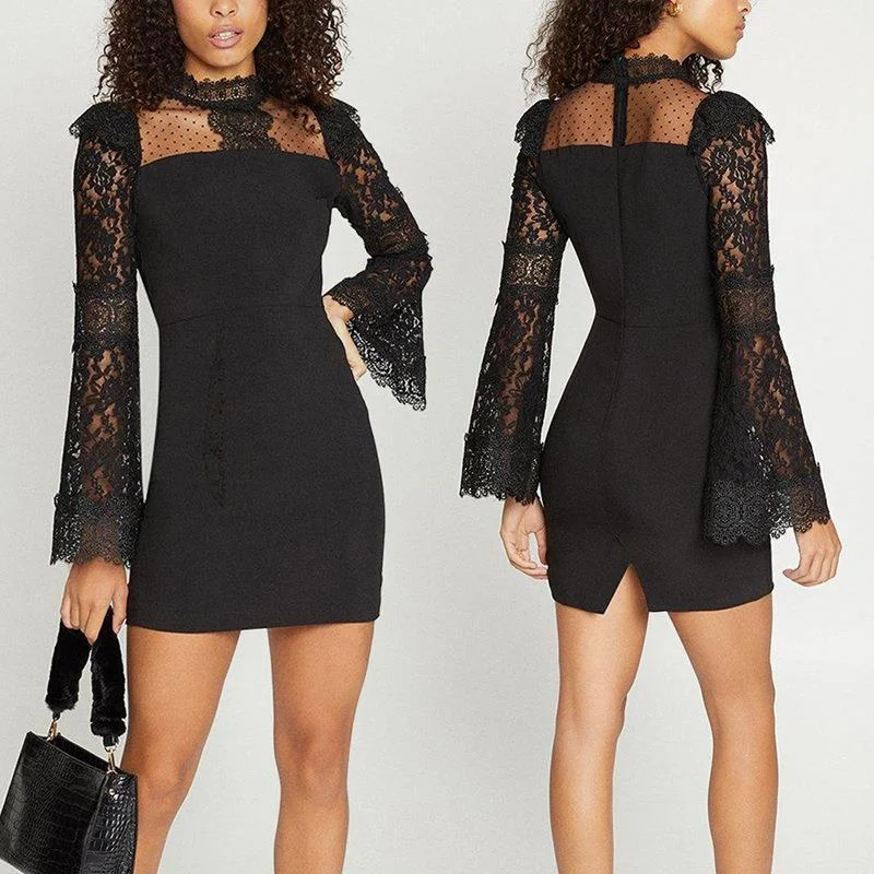 NiDELL Foreign Trade Cross-Border . Popular Lace Long-Sleeved Sexy Dress Short Stitching Back Slit Hip Skirt Foreign Trade Style