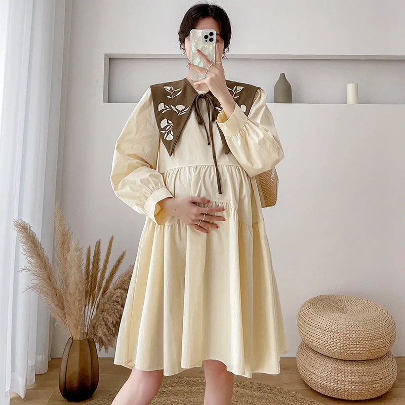 NiDELL . Pregnant Women's Design Sense Niche Detachable Chic Doll Collar Autumn New French Retro Dress