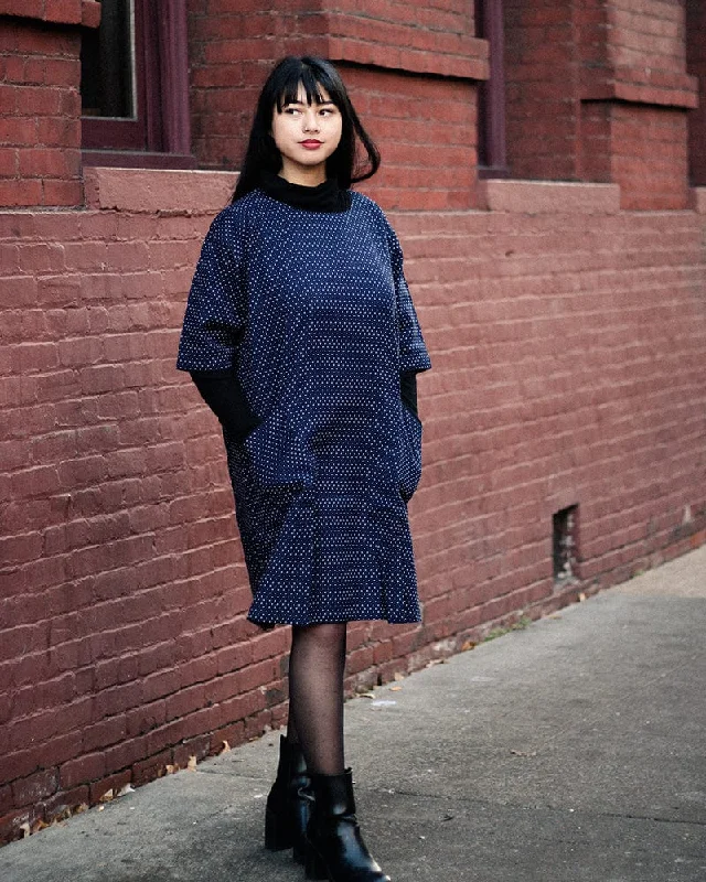 ToK Pocket Dress, Oversized A-Line, Indigo with White Extra Small Polka Dots