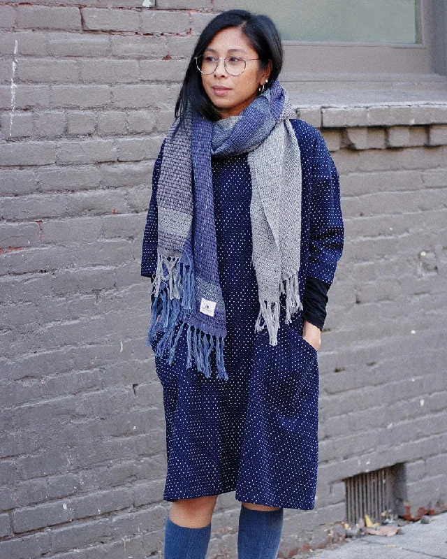 ToK Pocket Dress, Oversized A-Line, Indigo with White Small Polka Dots
