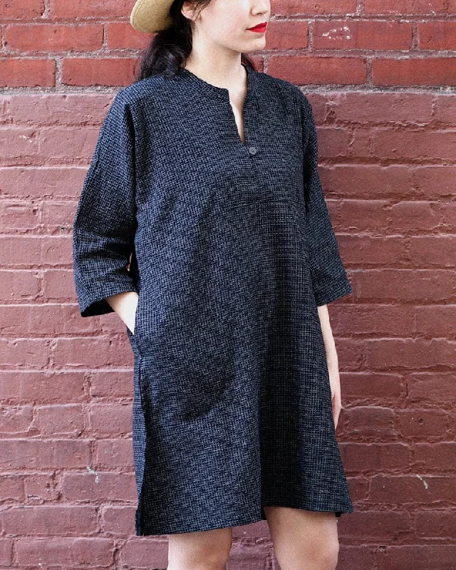 ToK Pocket Dress, Oversized A-Line, Front Button, Chijimi, Indigo Grid
