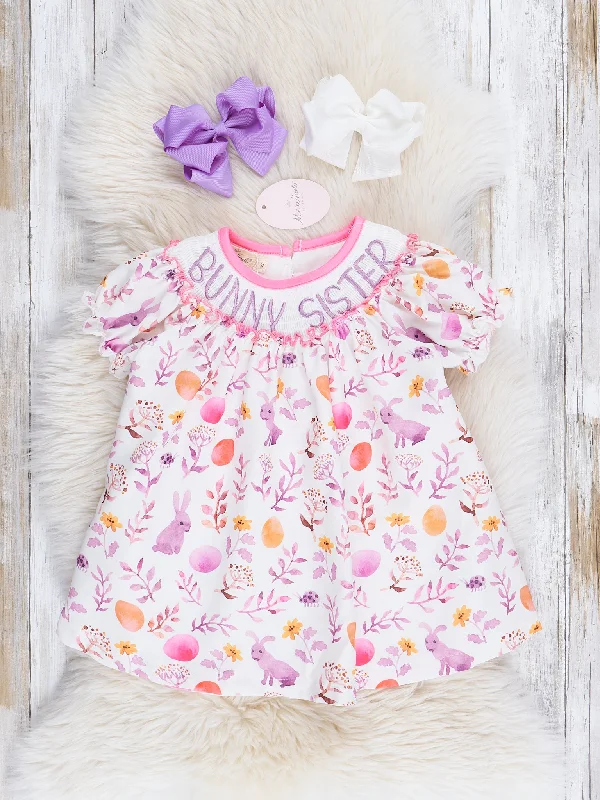 Pink & Purple Smocked "Bunny Sister" Dress