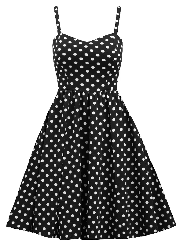 Polka Dot Retro Inspired Swing Dress with Pockets in Black & White